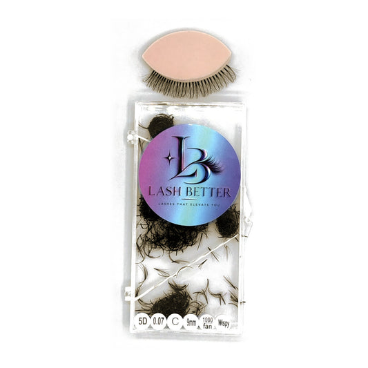 Lash Better brown 5D .07 C curl 9mm wispy premade lash fans, 1000 ct tray with sample lash set