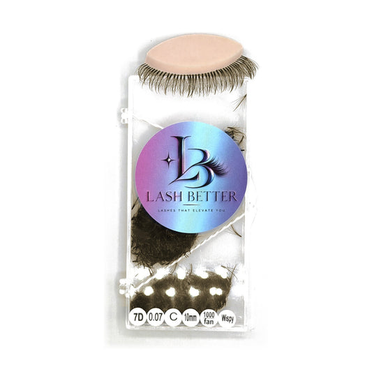 Lash Better brown 7D .07 C curl 10mm wispy premade lash fans, 1000 ct tray with sample lash set