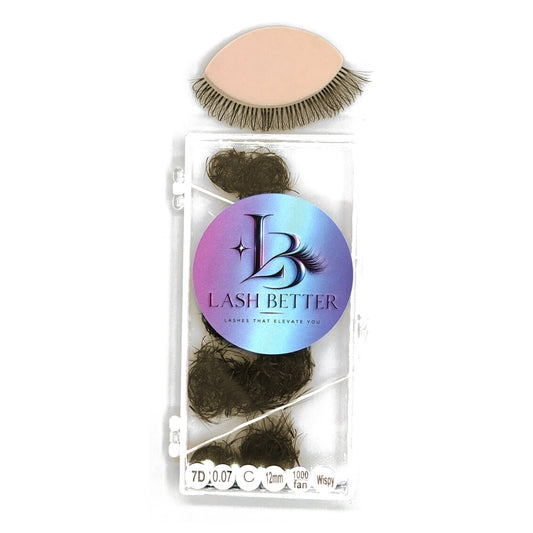 Lash Better brown 7D .07 C curl 12mm wispy premade lash fans, 1000 ct tray with sample lash set