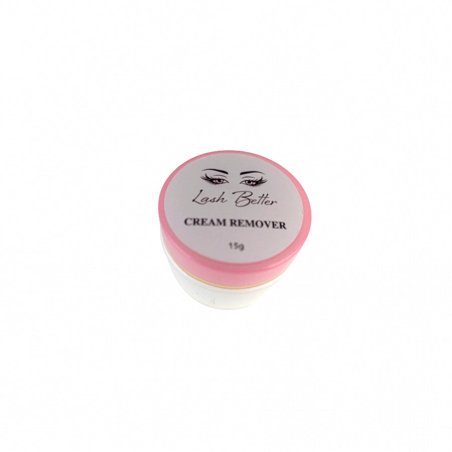 Lash Better Glue Remover Cream in container with pink lid and white body with the business logo on the lid