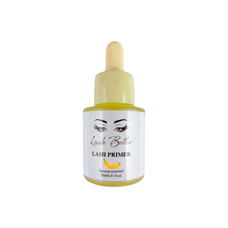 Lash Better brand banana scented lash primer, bottle front label