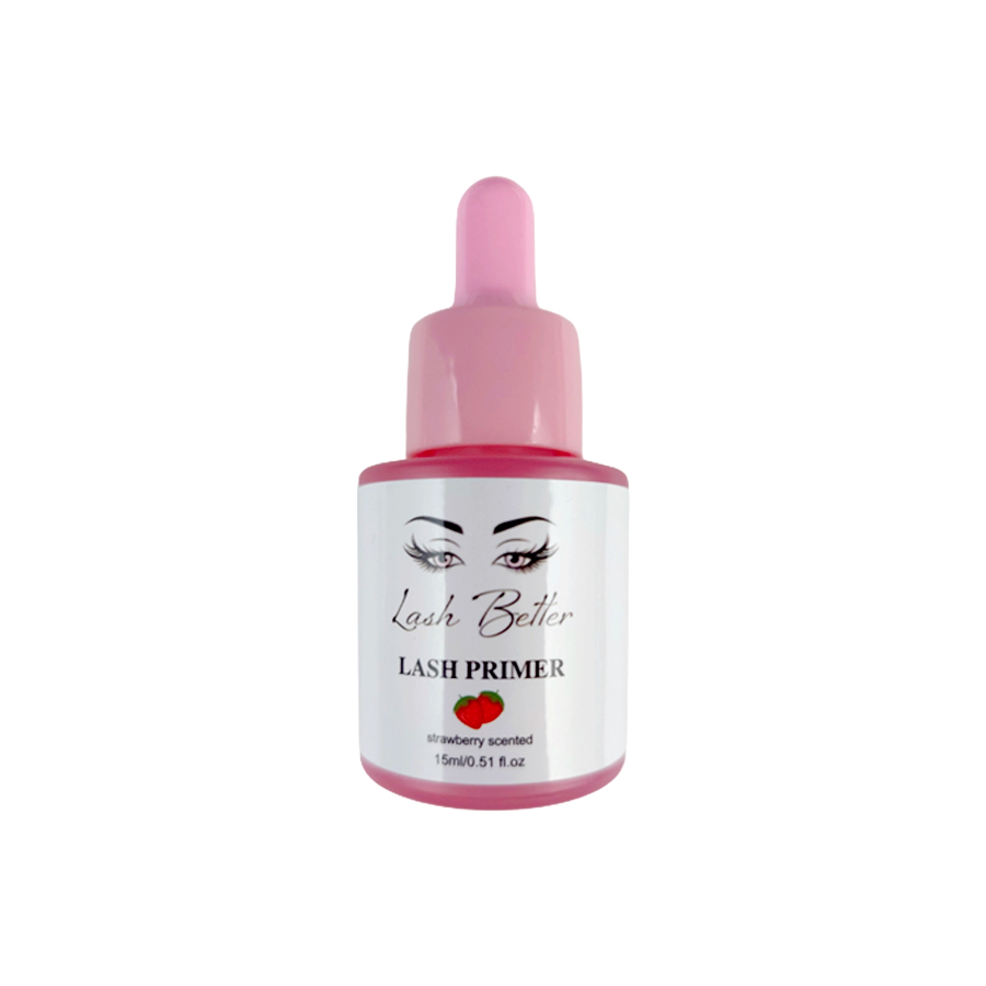 Lash Better brand strawberry scented lash primer, bottle front label
