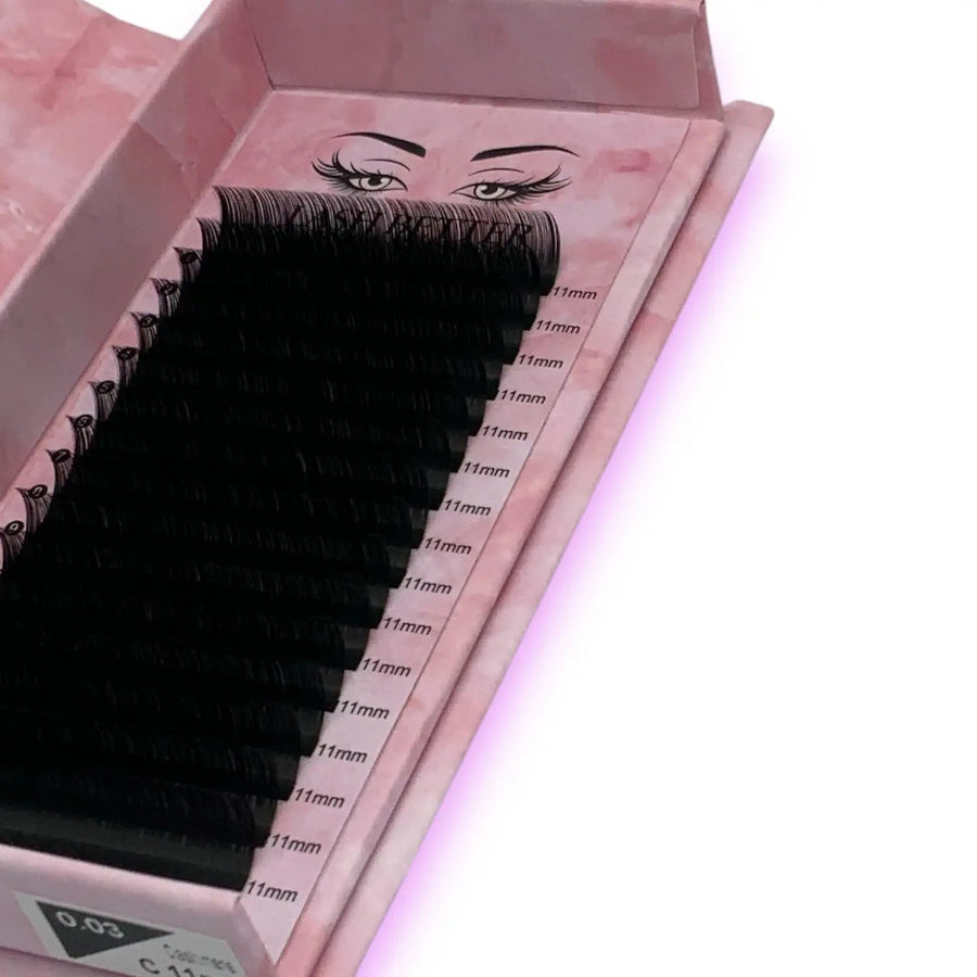 Eyelash packaging with pink and gray design on a white background