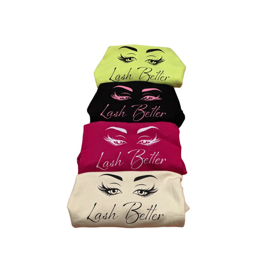 Lash Better branded crop-top sweater for lash artists and beauty professionals, stacked