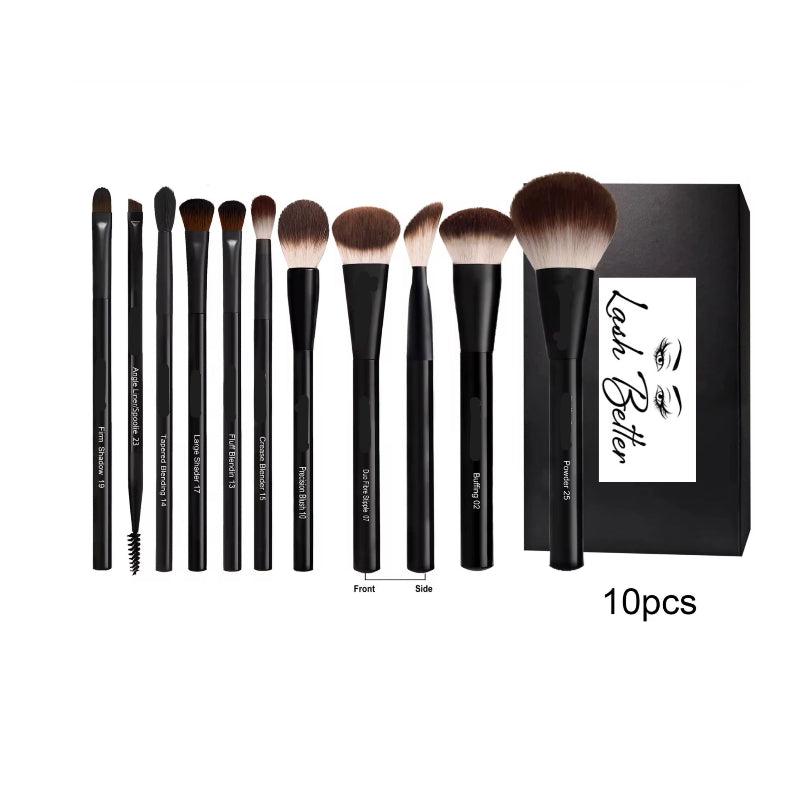 Set of 10 makeup brushes with a black box labeled 'Lash Better' on a white background.