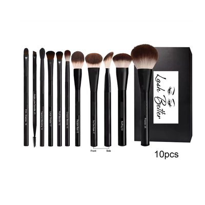 Set of 10 makeup brushes with a black box labeled 'Lash Better' on a white background.