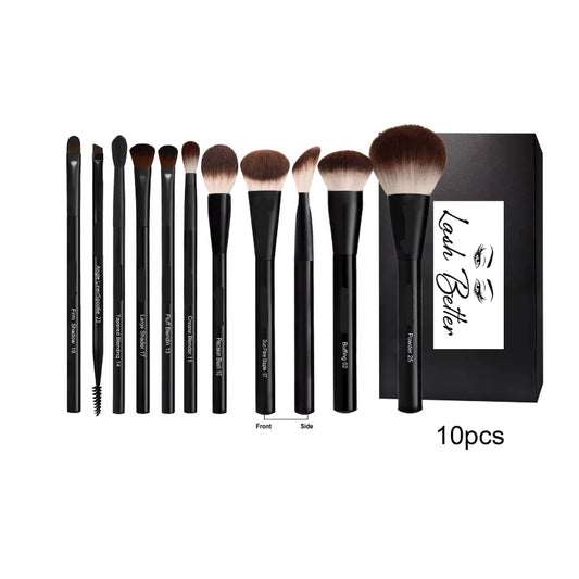 Set of 10 makeup brushes with a black box labeled 'Lash Better' on a white background.