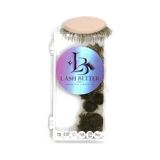 Lash Better brown 7D .07 C curl 11mm wispy premade lash fans, 1000 ct tray with sample lash set