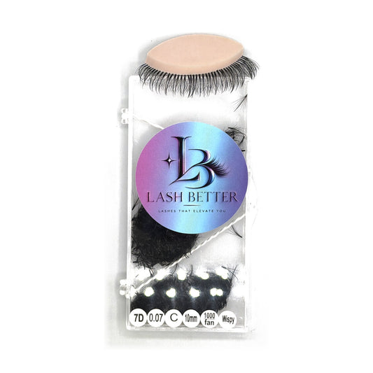 Lash Better 7D .07 C curl 10mm wispy premade lash fans, 1000 ct tray with sample lash set