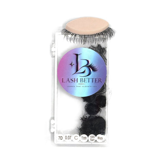 Lash Better 7D .07 C curl 11mm wispy premade lash fans, 1000 ct tray with sample lash set