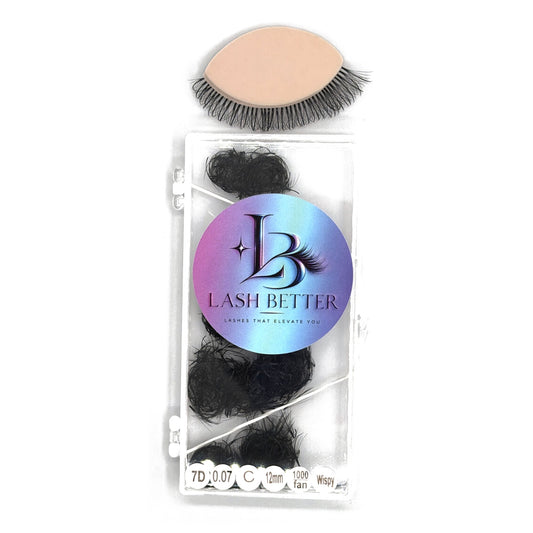 Lash Better 7D .07 C curl 12mm wispy premade lash fans, 1000 ct tray with sample lash set
