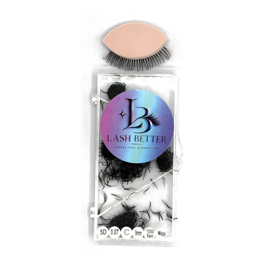 Lash Better 5D .07 C curl 9mm wispy premade lash fans, 1000 ct tray with sample lash set