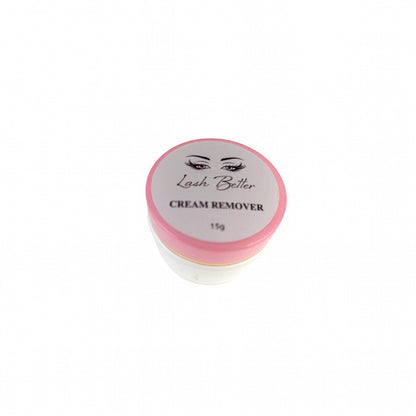 Lash Better Glue Remover Cream in container with pink lid and white body with the business logo on the lid