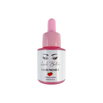 Lash Better brand strawberry scented lash primer, bottle front label