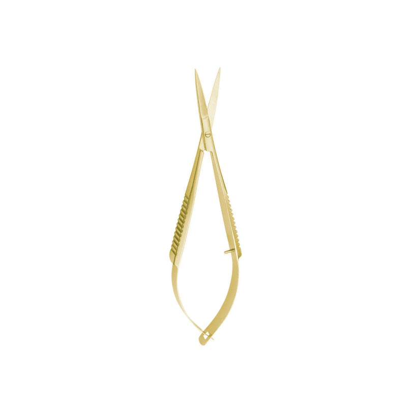 Gold colored micro-spring lash extension scissors with ergonomic grip