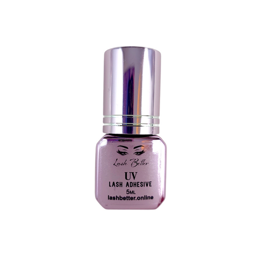 Lash Better brand UV lash adhesive bottle with silver cap on a white background