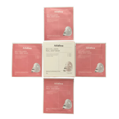 Five Alidina Bio-Collagen Real Deep Mask packages on a white background