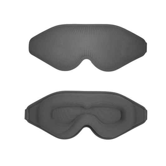 Front and back view of the black eye mask on a white background