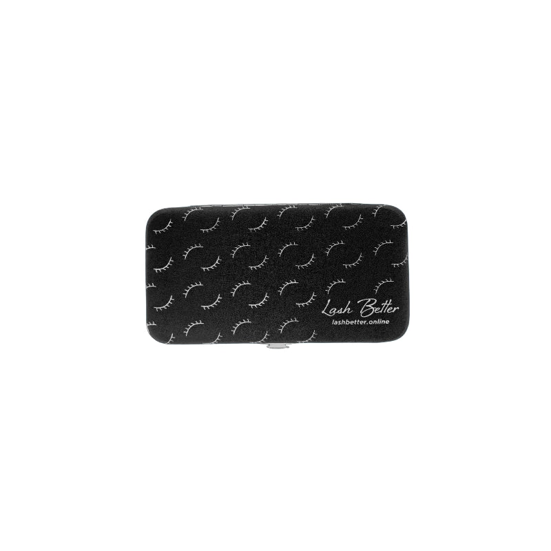 Black colored Lash Better brand magnetic protective tweezer case on a white background