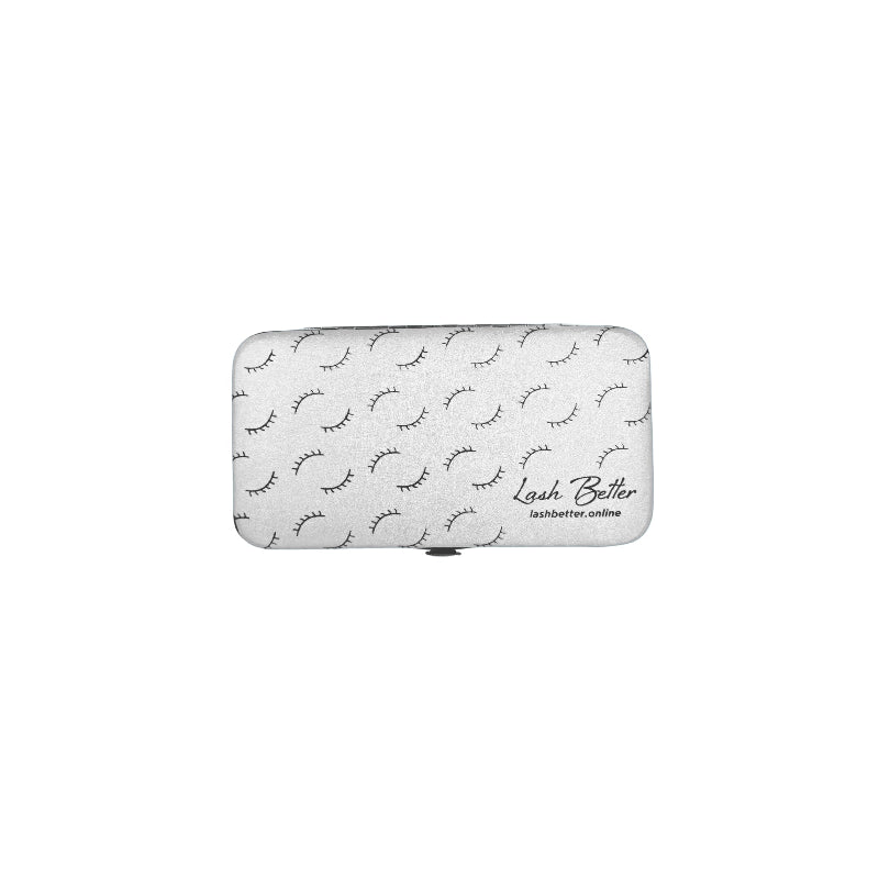 Silver colored Lash Better brand magnetic protective tweezer case on a white background