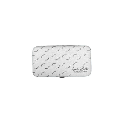 Silver colored Lash Better brand magnetic protective tweezer case on a white background