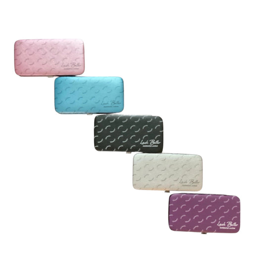 Set of five colorful magnetic protective tweezer cases with a Lash Better brand logo on a white background