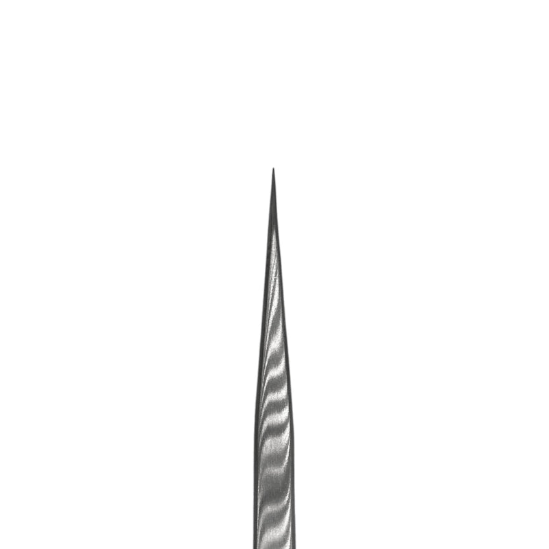 Closeup of tip of Lash Better Stainless Steel Lash Tweezers ST-03 on a white background